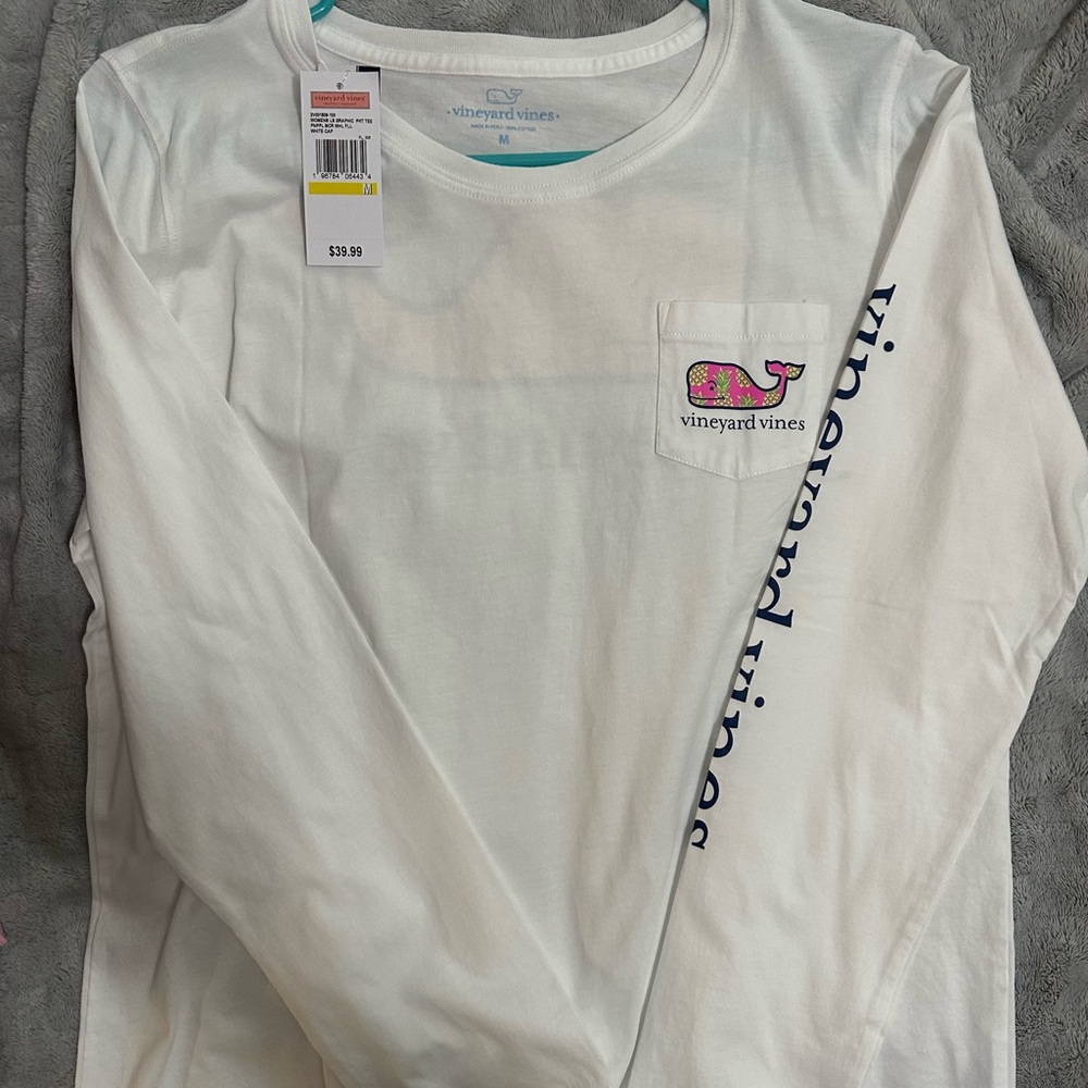 Vineyard Vines White Long Sleeve Tee with Whale Logo